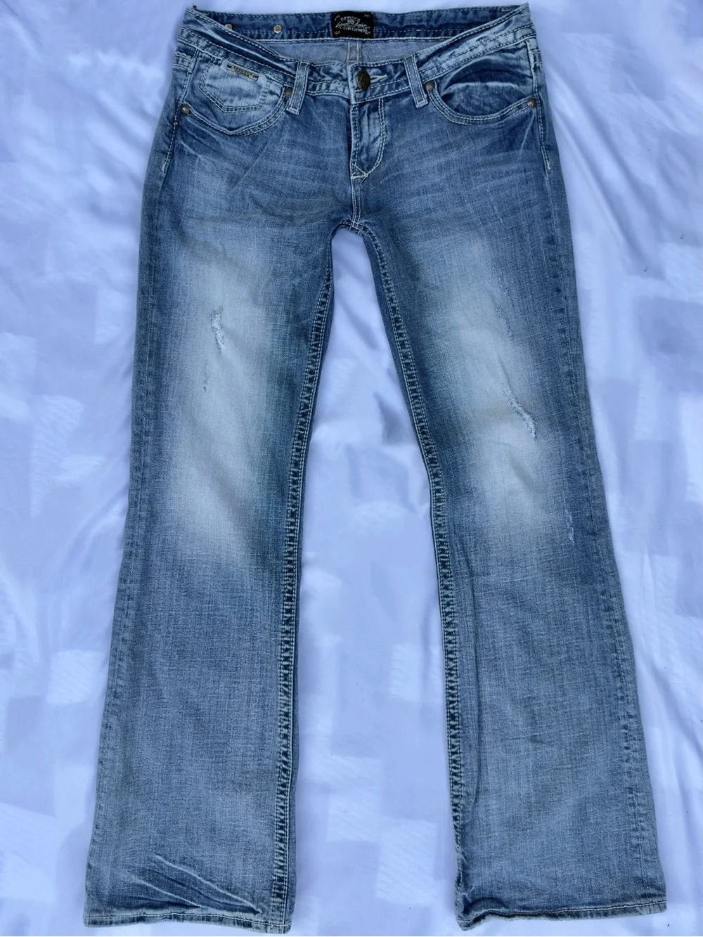 y2k rerock by express low rise light wash bootcut embroidered jeans size 8R